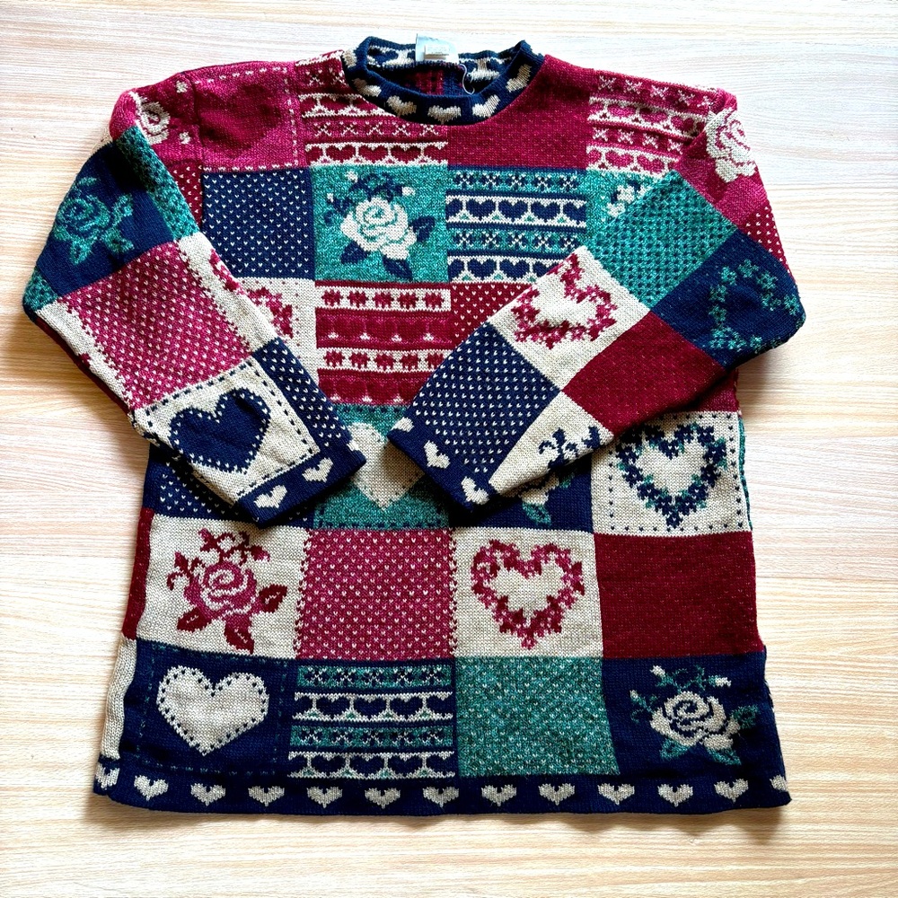 Vintage Classic Elements Petite Women's Sweater Patchwork Knit Heart Floral Sz S